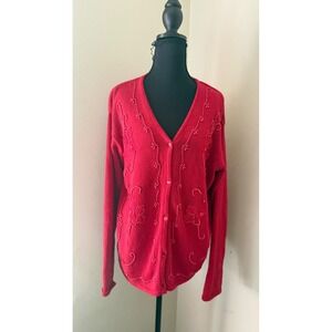 BonWorth Women's Red Floral Beaded Knit Cardigan Sweater